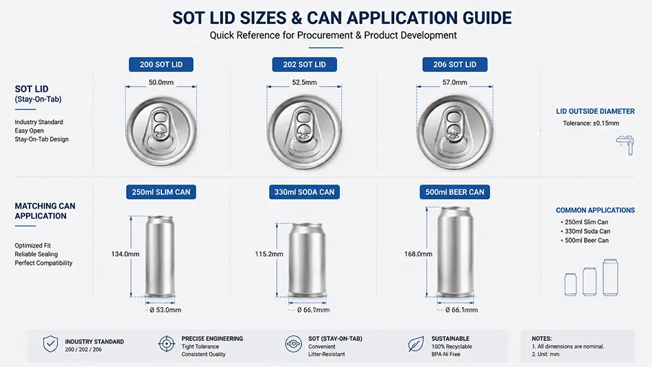 Dimensional comparison chart of 200, 202, and 206 SOT easy open can lids paired with 250ml slim can, 330ml soda can, and 500ml beer can.