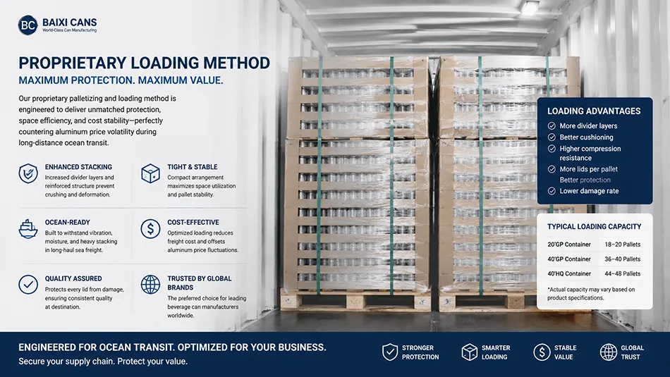 Secured palletized export packaging and proprietary loading method of SOT aluminum ends for international maritime shipping.