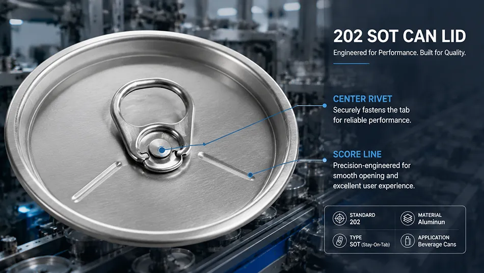 Premium 202 SOT can lid with precise center rivet and score line engineering from industrial manufacturer Baixi Cans.