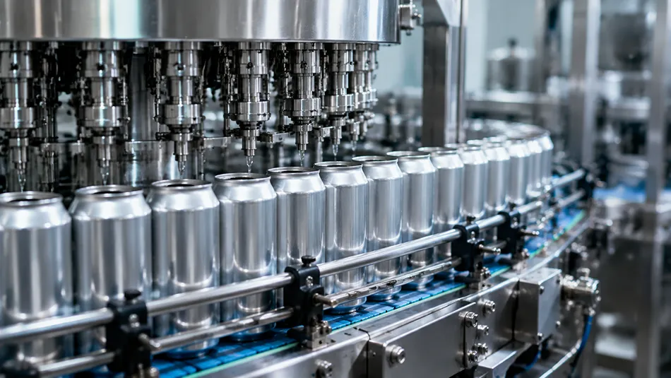 High-speed automated beverage filling line processing two-piece aluminum cans for carbonated soft drinks at a wholesale packaging factory.