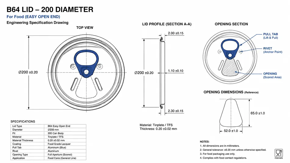 B64 200 RPT aluminum can lid dimensions