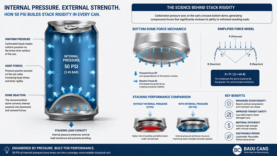 Technical engineering diagram demonstrating carbonated internal pressure distribution against the concave dome base of an aluminum beverage container.