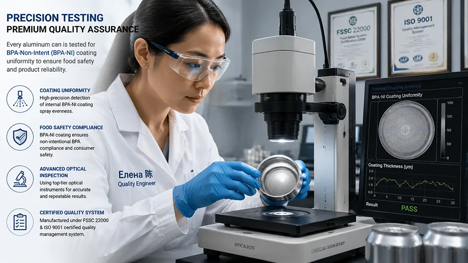 Quality control engineer testing internal BPA-NI protective spray lining integrity inside aluminum beverage cans