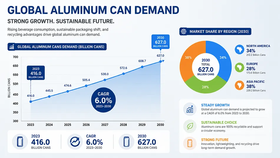 Global aluminum can market size and growth forecast charts tracking volume growth from 2023 to 2030