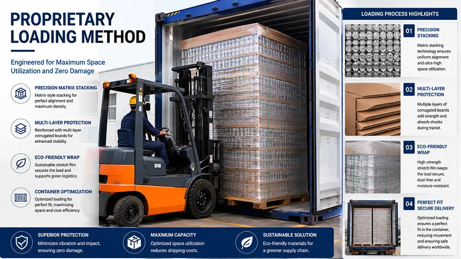Precision palletization and proprietary container loading process of empty aluminum cans for secure ocean transit