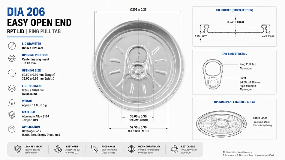 Dia 206 aluminum can lid dimensions
