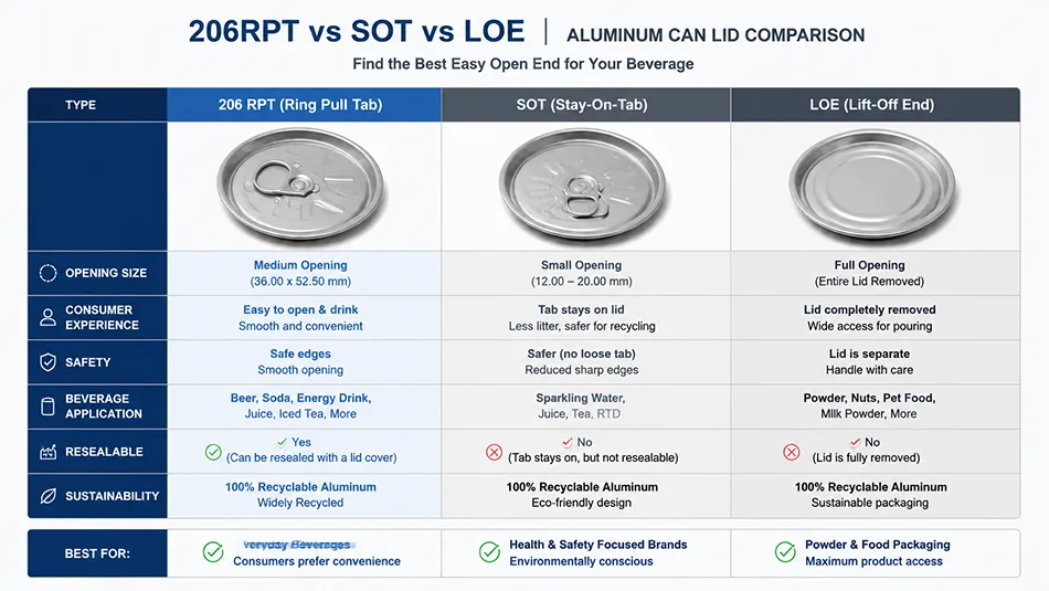 RPT vs SOT vs LOE 206 aluminum can lid comparison