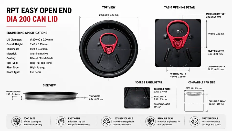 CDL 200 RPT aluminum can lid dimensions
