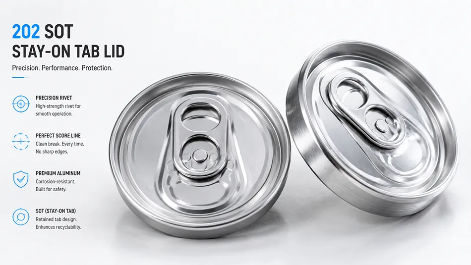 Two 202 SOT aluminum beverage can lids showcasing stay-on-tab easy open ends on a clean white industrial background