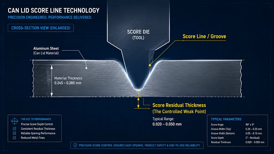 Technical engineering diagram of an easy open beverage can lid end cross section showing the score line structure and score residual metal thickness measurement