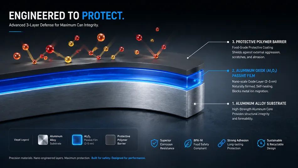 Technical cross-section infographic showing the double-defense layers of a beverage aluminum can, highlighting the raw aluminum, the nanometer-thin passive oxide film, and the high-performance polymer liner.