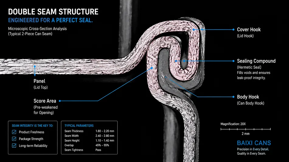 Detailed double seam inspection cross section anatomy showing the interlock between can lid cover hook and can body hook with sealing compound layer