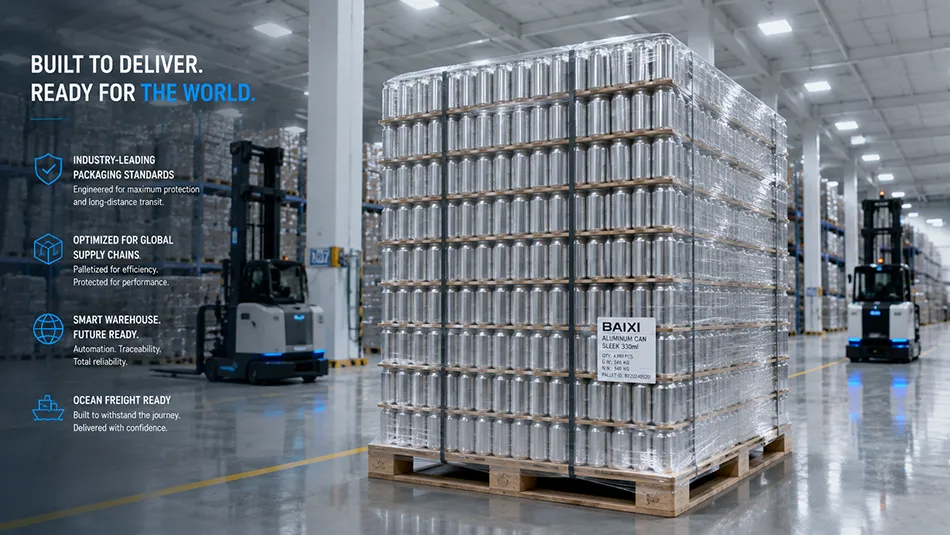 Secure export-grade precision palletization of aluminum cans wrapped in heavy-duty moisture-barrier film for global transoceanic maritime shipping.