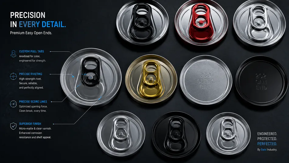 High-precision manufactured aluminum easy open can lids with customized colored pull tabs and secure double-seam scores.