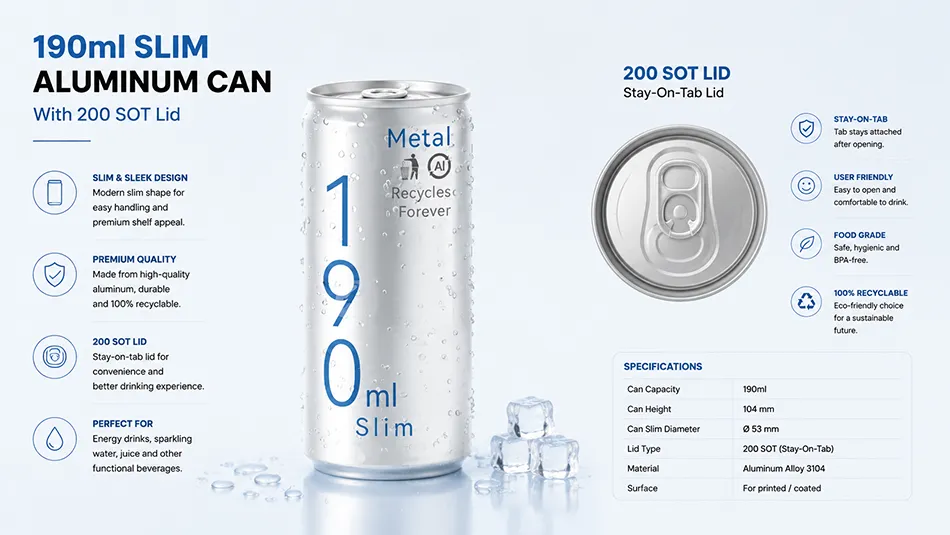 190ml slim aluminum can with 200 SOT easy open lid