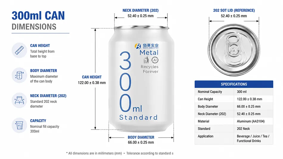 300ml aluminum beverage can dimensions and technical specifications
