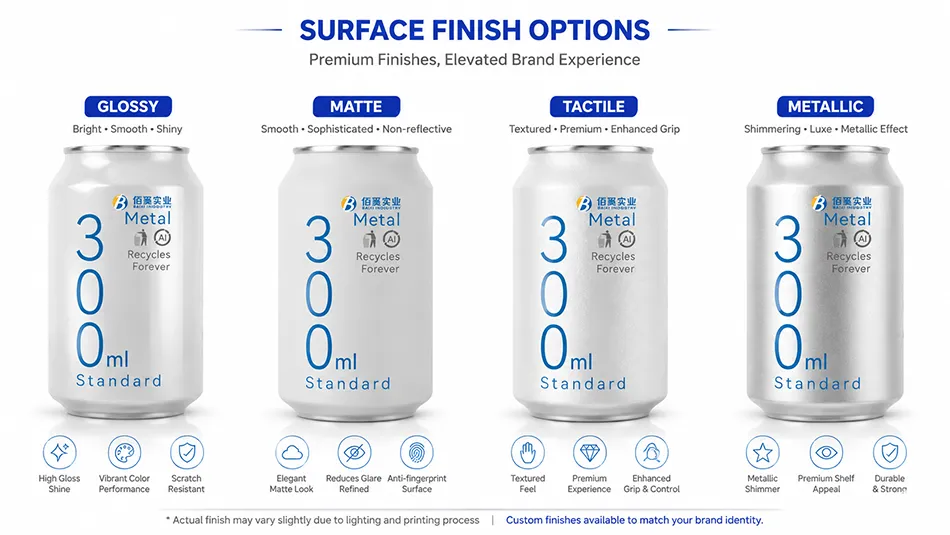 300ml aluminum can printing finishes including glossy matte and tactile effects