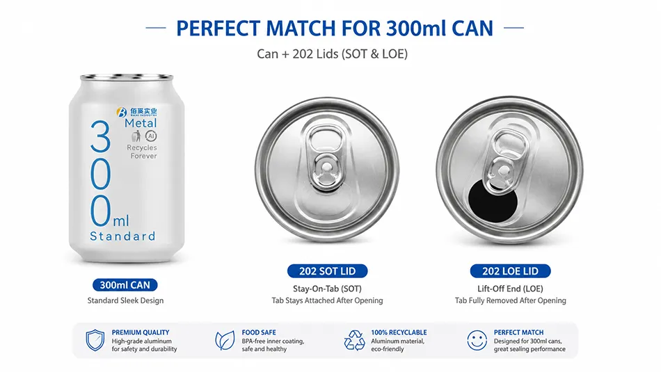 300ml aluminum can with 202 SOT and LOE easy open lids