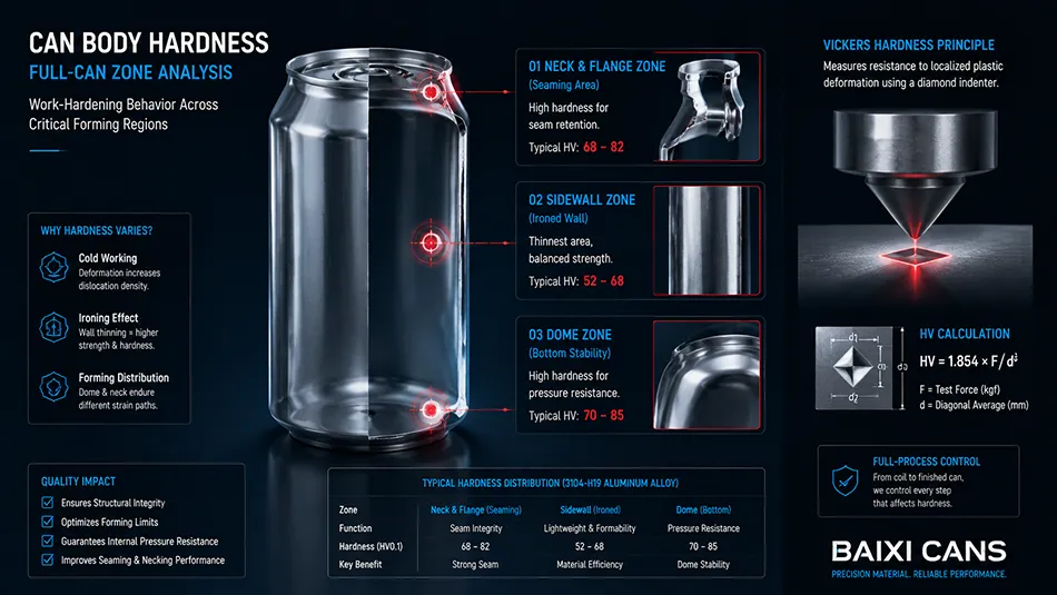 A cross-section diagram of a 3104 aluminum can body emphasizing the local microhardness testing points on the thin sidewall, thick neck, and dome regions