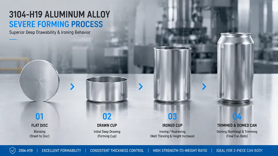 A step-by-step technical progression of AA3104-H19 aluminum sheet transforming from a flat coil disc into a drawn cup and a fully ironed two-piece beverage can body
