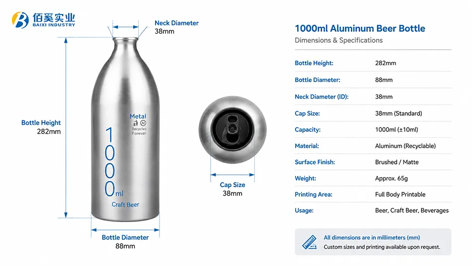 1000ml aluminum beer bottle dimensions and technical specifications