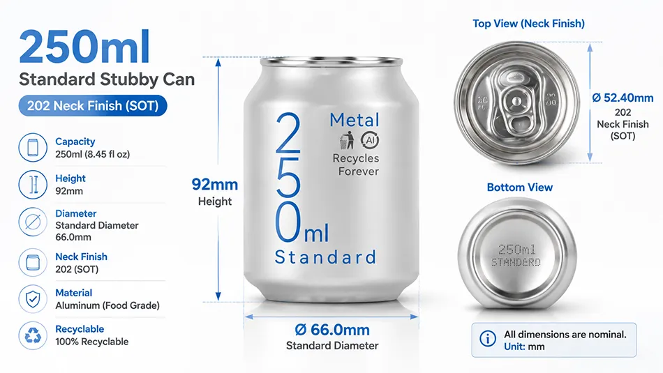 250ml stubby aluminum can dimensions and specifications