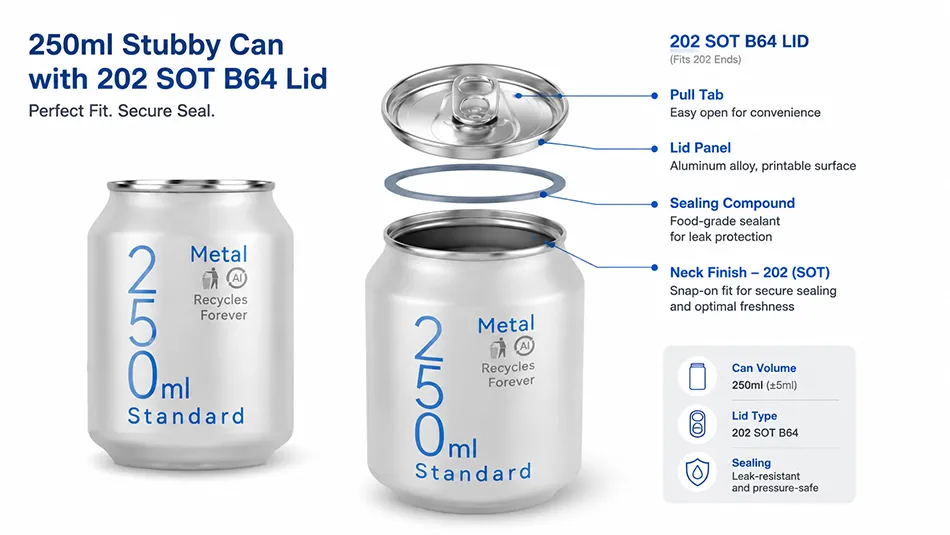 250ml stubby aluminum can with 202 SOT easy open lid