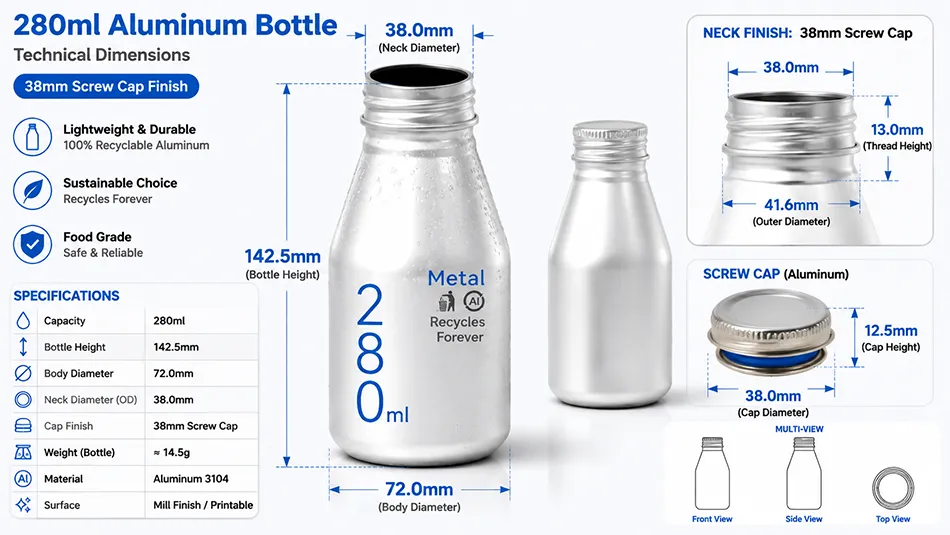 280ml aluminum beverage bottle dimensions and specifications