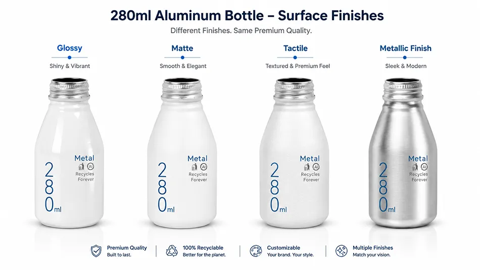 280ml aluminum bottle printing finishes including glossy matte and tactile effects