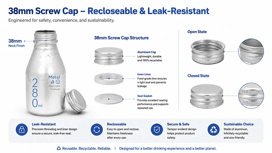 280ml aluminum bottle with 38mm resealable screw cap