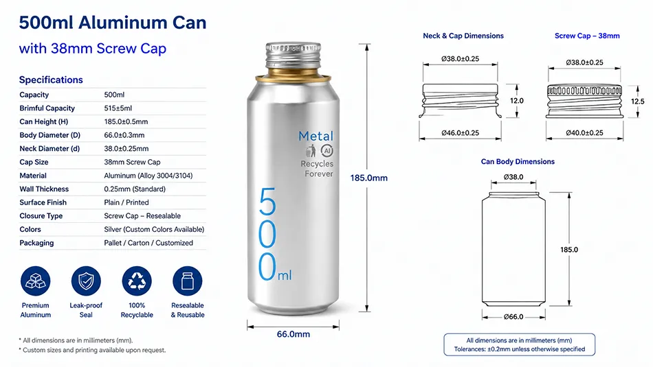 500ml aluminum bottle can dimensions and technical specifications