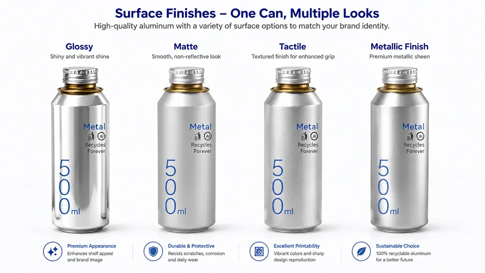 500ml aluminum can printing finishes including glossy matte and tactile effects