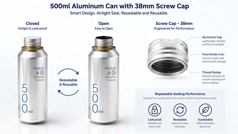 500ml resealable aluminum can with threaded screw cap closure