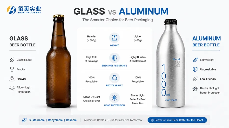 1000ml aluminum beer bottle compared with traditional glass beer bottles