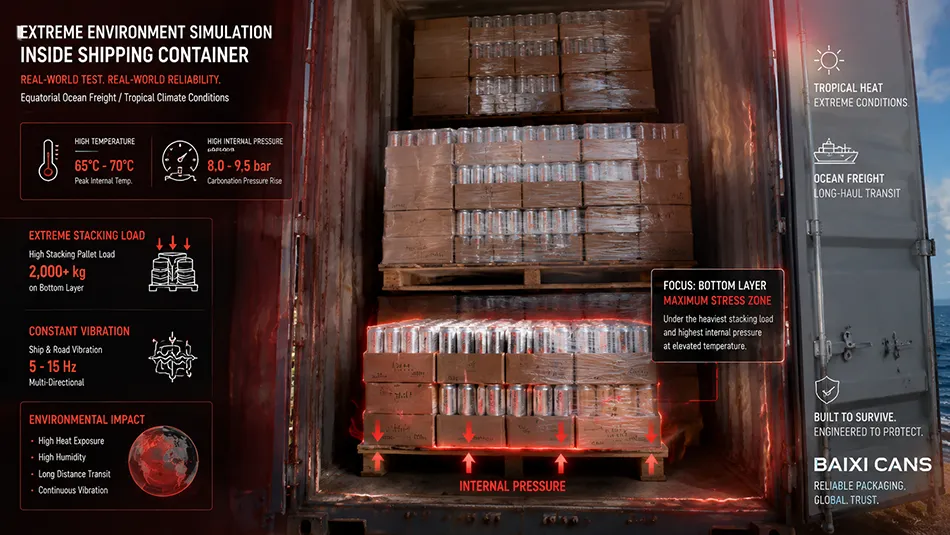 A cutaway view inside a hot export shipping container illustrating high pallet stacks of 250ml slim soda cans under heat and transport vibration