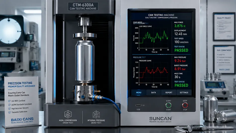 An industrial quality control laboratory scene with an automatic can testing machine measuring top-load compression and pressure dome reversal on an empty 211 body aluminum can