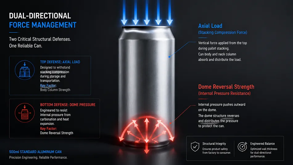 A technical diagram of a filled aluminum beverage can showing twin mechanical forces: vertical compression axial load from top and internal expansion pressure on bottom dome