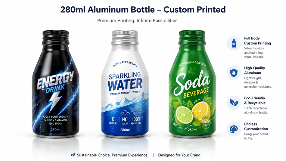 custom printed 280ml aluminum beverage bottles for beverage brands