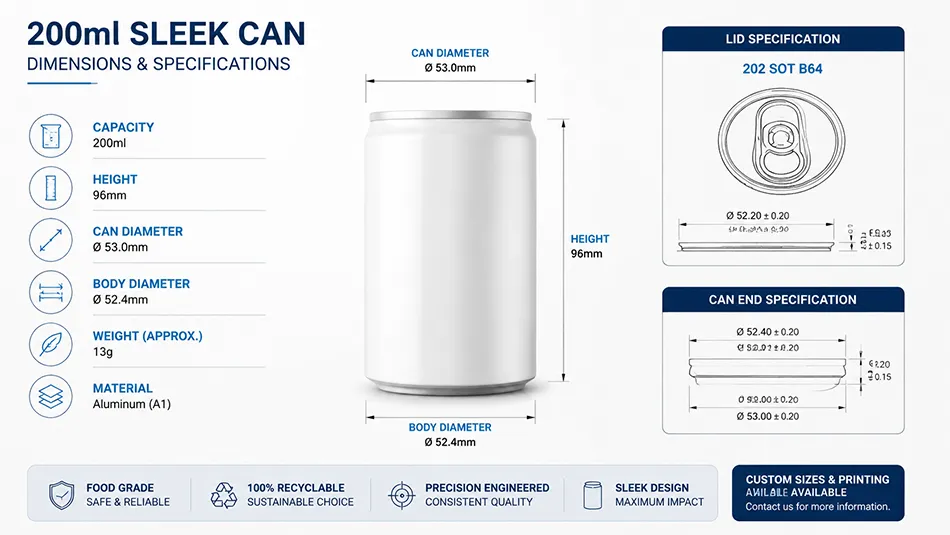 200ml sleek aluminum can dimensions and specifications
