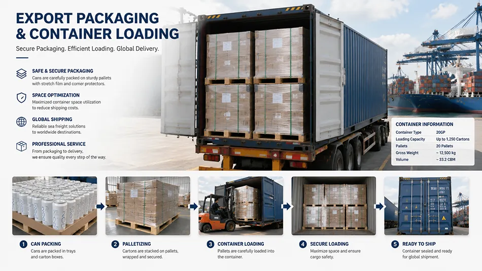 200ml sleek aluminum cans packed for global export shipment