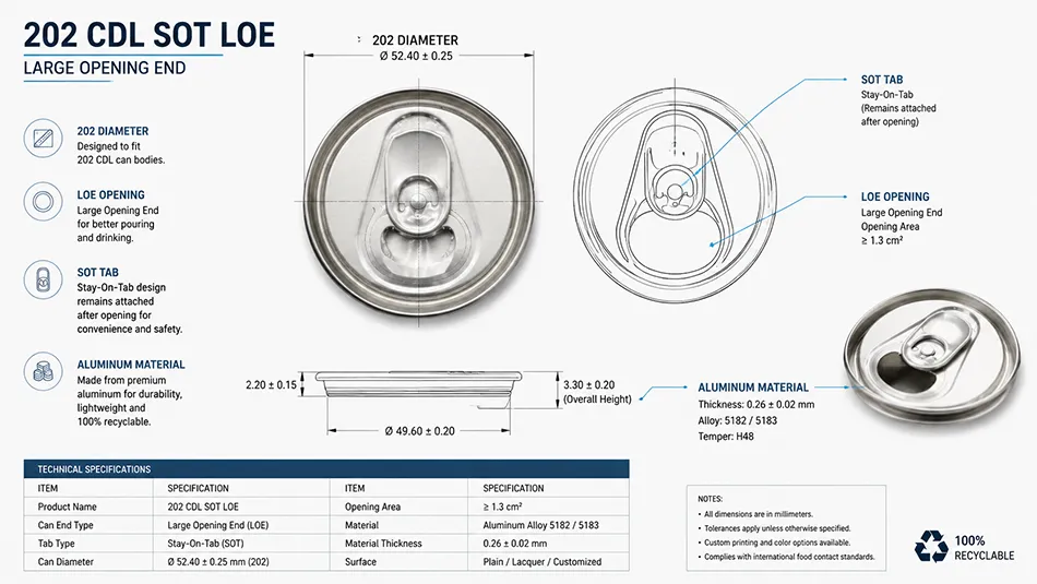 202 CDL SOT LOE can lid technical specifications and dimensions
