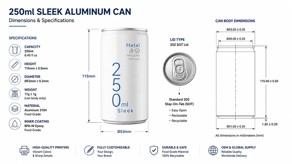 250ml sleek aluminum can dimensions and technical specifications