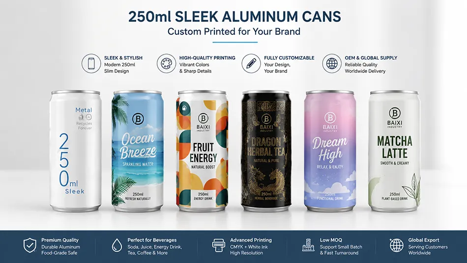 custom printed 250ml sleek aluminum beverage cans with multiple designs