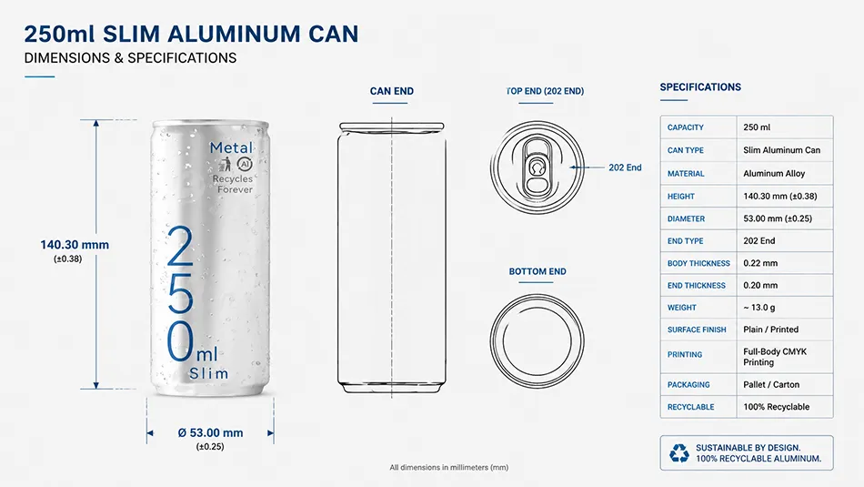250ml slim aluminum can dimensions and specifications
