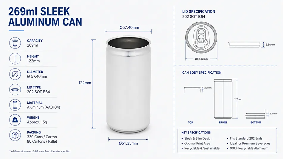 269ml sleek aluminum can dimensions and specifications