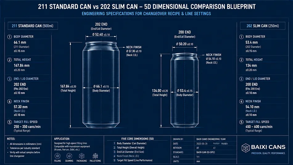 A professional blue-sky mechanical drawing comparing the 5 dimensions of a 500ml standard 211 can and a 250ml slim 202 can with clear engineering callouts