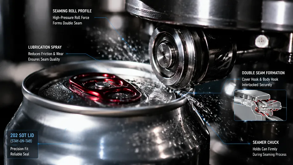 A cross-sectional view of a can seamer chuck and roller forming a double seam on a 202 end aluminum can lid under lubrication