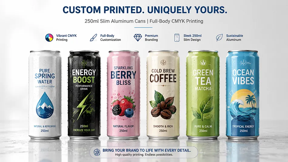 custom printed 250ml slim aluminum cans for energy drinks and sparkling water