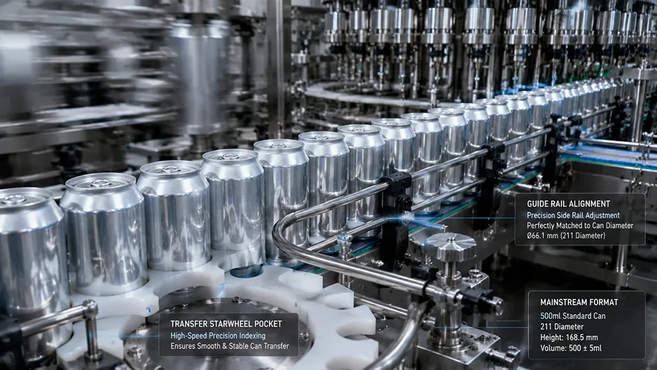 A close-up of empty 211 standard aluminum beverage cans seamlessly moving through the high-speed starwheel and guide rails of a modern Krones canning filler