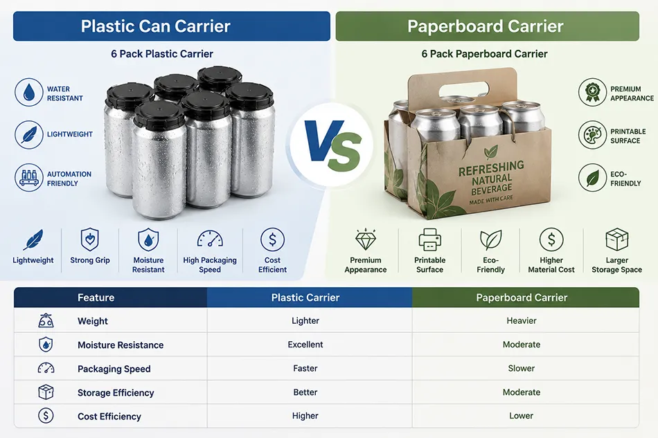 plastic can carrier vs paperboard carrier comparison for beverage multipack packaging